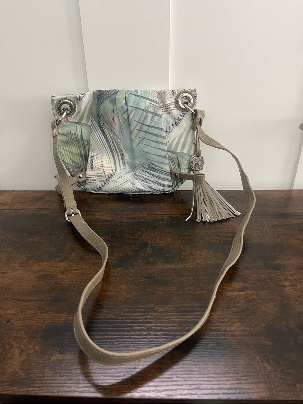 Vince Camuto Palm-Print Crossbody with Tassel in Sage and Taupe